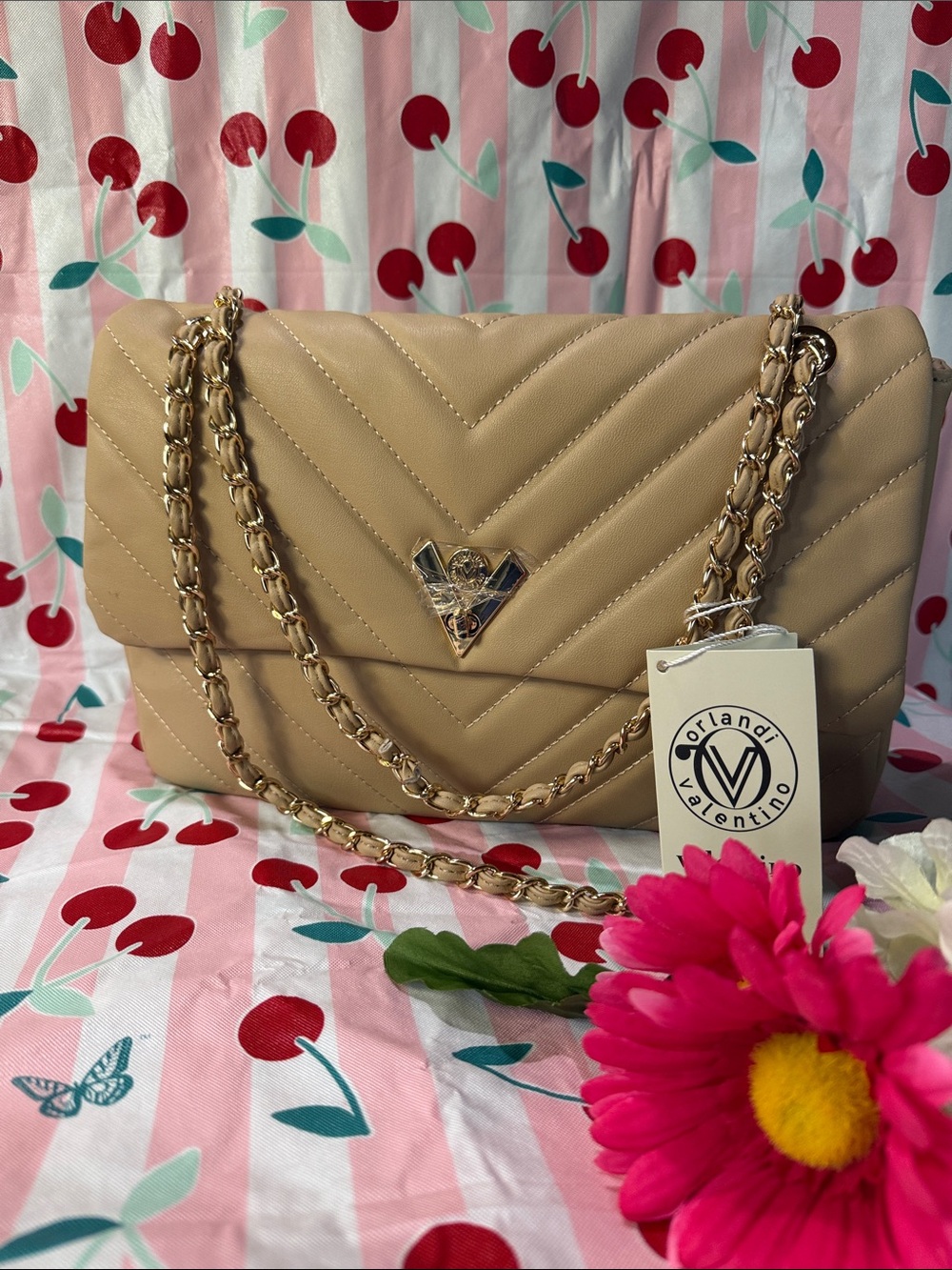 Beige Quilted Chain Shoulder Bag